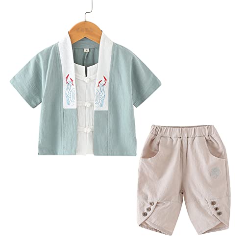 Siehin Kinder Japan Kimono +Capri Hose, Jungen Mädchen Frühling-Sommer Haori Jacke Baumwolle Freizeithosen Hanfu Mäntel (92, Grün+Khaki) von Siehin
