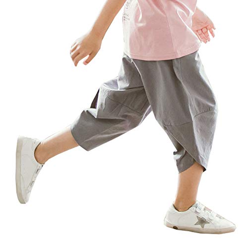 Siehin Kinder Jungen Elastischer Bund Capri Hose Sommerhose Leinenhose Freizeithosen Haremshose (130 for Height 120-125cm, Grau) von Siehin