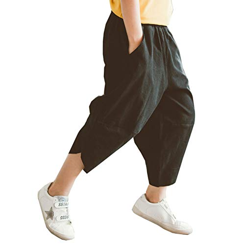 Siehin Kinder Jungen Elastischer Bund Capri Hose Sommerhose Leinenhose Freizeithosen Haremshose (150 for Height 140-145cm, Schwarz) von Siehin