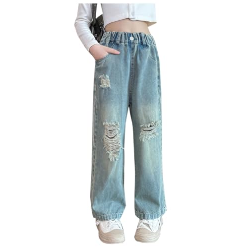 Siehin Mädchen Zerrissenen Löchern Jeanshose Kinder Frühling-Herbst Weitem Bein Jean Hosen Streetwear Denimhose mit Elastischem Bund von Siehin