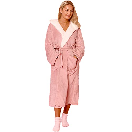 Sienna Bademantel mit Kapuze für Damen, super weiches Flanell-Fleece, Sherpa-Futter, flauschig, luxuriös, bequem, gemütlich, Bademantel – Blush Pink, einheitsgröße fits all - adults men women von Sienna