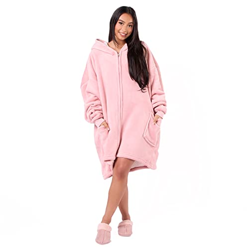 Sienna Übergroße Hoodie Decke mit Reißverschluss, Kapuzenpullover, tragbare Decke, für Damen und Herren, mit Kapuze, gemütlich, warm, Sherpa-Fleece-Cardigan, Einheitsgröße – Errötendes Rosa von Sienna