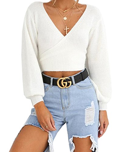 V Ausschnitt Pullover Damen, Teenager M?dchen Bauchfrei Crop Tops Langarm Wrap Tie Kurz Pulli Langarmshirts Sweatshirt Jumper Oberteile Tops Hemd Shirt (Wei?, L) von Siennaa