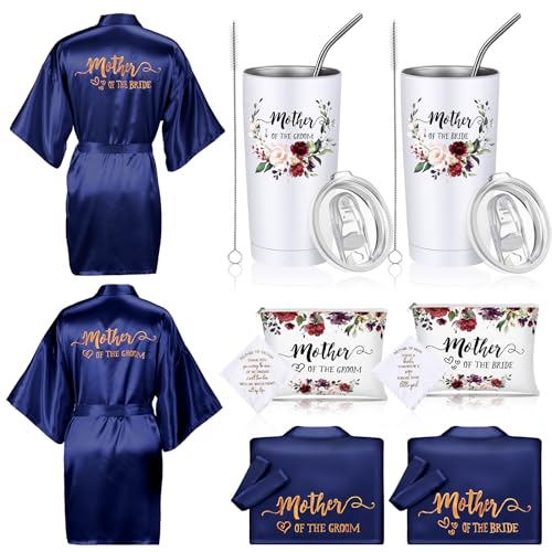 8 Stück Mutter der Braut und des Bräutigams Geschenke weiß Damen Satin Robe 590 ml Tasse Becher Becher Hochzeit Geschenke Mutter der Braut und Bräutigam Make-up Tasche Mama Kosmetiktasche Taschentuch, von Sieral