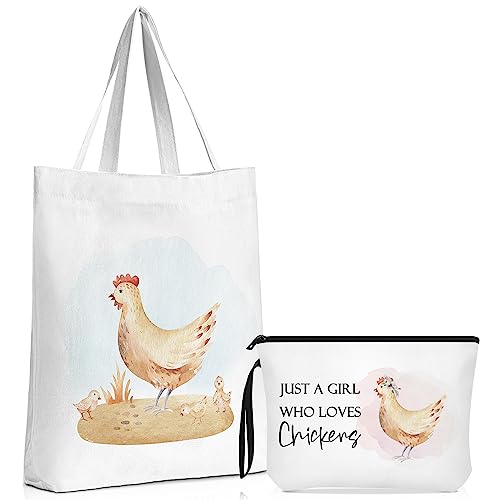 Sieral 2 Stück Tasche Geschenk für Mädchen Frauen Reise Kosmetiktaschen Tragbare Make-up Reißverschluss Tasche Leinwand Tragetasche Wiederverwendbar Lustiges Einkaufsgeschenk, Weiß (Huhn) von Sieral