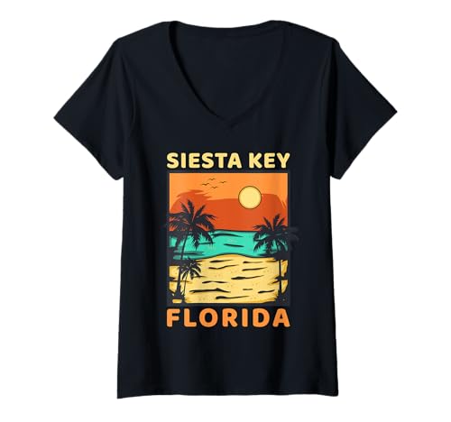 Damen Siesta Key Beach Florida Palme Familie Sommerurlaub T-Shirt mit V-Ausschnitt Damen Siesta Key Beach Florida Palme Familie Sommerurlaub T-Shirt mit V-Ausschnitt von Siesta Key Florida Souvenir Ocean Wave Retro Beach