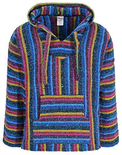 Mexikanischer Baja Jerga Hoodie Hippie Festival Top in Blau Candy Stripe Gr. L, Blau Candy Streifen von Siesta