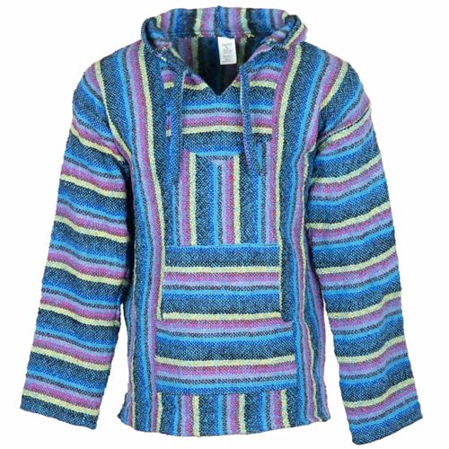 Siesta Baja Hoodie – Mexikanischer Jerga Hippie Pulli Kapuzenpullover für Herren und Damen (Buntes Blau, 3XL) von Siesta