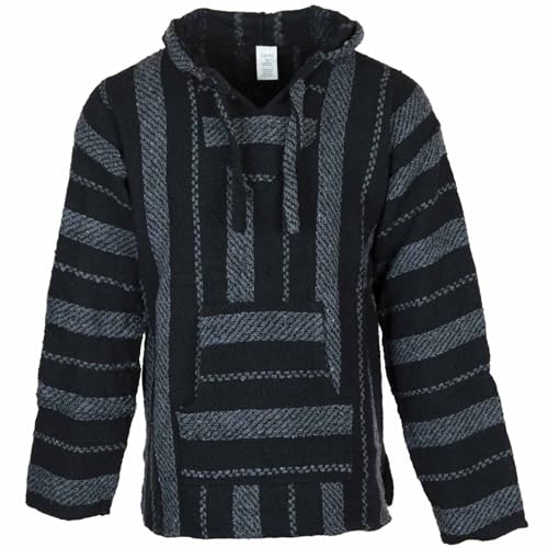 Siesta Baja Hoodie – Mexikanischer Jerga Hippie Pulli Kapuzenpullover für Herren und Damen (Dunkelgrauer Streifen, L) von Siesta