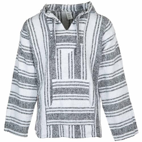 Siesta Baja Hoodie – Mexikanischer Jerga Hippie Pulli Kapuzenpullover für Herren und Damen (Gebrochenes Weiß und Grau, XL) von Siesta