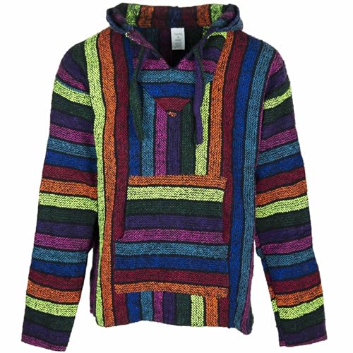 Siesta Baja Hoodie – Mexikanischer Jerga Hippie Pulli Kapuzenpullover für Herren und Damen (Regenbogen, 3XL) von Siesta