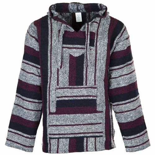 Siesta Baja Hoodie – Mexikanischer Jerga Hippie Pulli Kapuzenpullover für Herren und Damen (Rötlichbraun, Schwarzweiß, XL) von Siesta