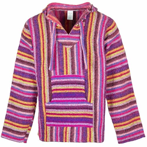 Siesta Baja Hoodie – Mexikanischer Jerga Hippie Pulli Kapuzenpullover für Herren und Damen (Rosa Streifen, M) von Siesta