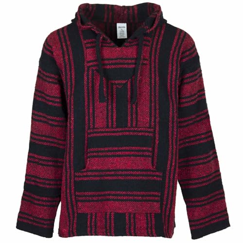 Siesta Baja Hoodie – Mexikanischer Jerga Hippie Pulli Kapuzenpullover für Herren und Damen (Rot und Schwarz, 3XL) von Siesta