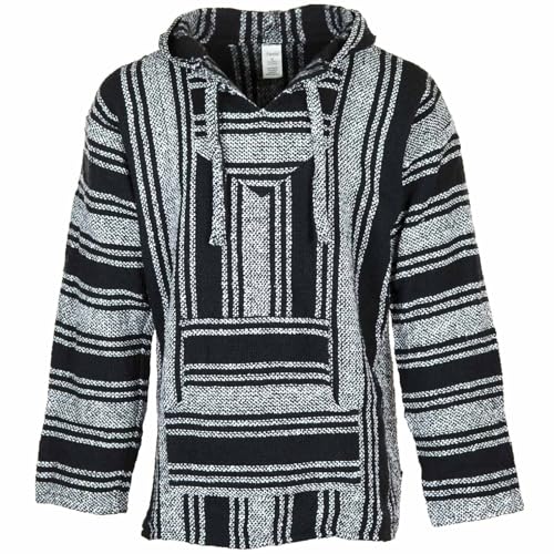 Siesta Baja Hoodie – Mexikanischer Jerga Hippie Pulli Kapuzenpullover für Herren und Damen (Schwarz und weiß, 3XL) von Siesta