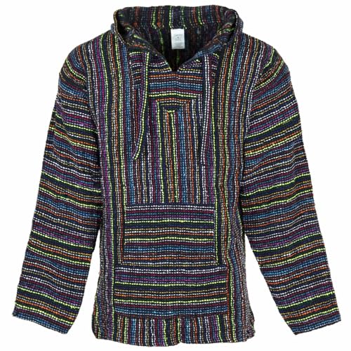 Siesta Baja Hoodie – Mexikanischer Jerga Hippie Pulli Kapuzenpullover für Herren und Damen (Schwarzer Multifleck, L) von Siesta