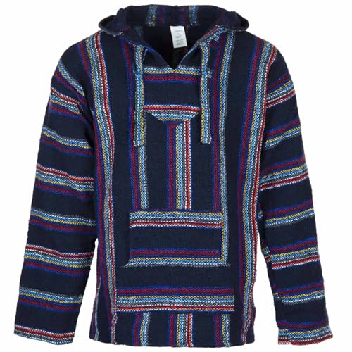 Siesta Baja Hoodie – Mexikanischer Jerga Hippie Pulli Kapuzenpullover für Herren und Damen (Tiefes Blau, L) von Siesta