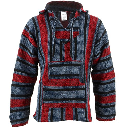 Siesta Mexikanisches Baja Jerga Hippie-Top mit Kapuze, Blau und Rot, blau, L von Siesta