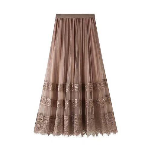 Sigdio Frauen Midi Rock Elastische Hohe Taille Spitze Tüll Rock Faltenrock, Khaki, M von Sigdio