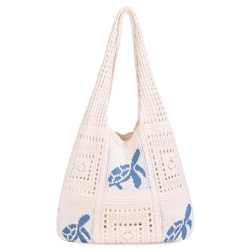 Sightor Häkel-Tragetasche, Netzstoff, Strandtasche, Strick, Sommer, Hobo-Tasche, Urlaub, Boho-Tragetasche für Damen, Quadratisch, Aprikosenblau, Boho von Sightor