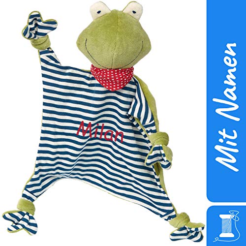 HDmirrorR Sigikid Schnuffeltuch Frosch mit Namen Bestickt, Baby & Kinder Schmusetuch personalisiert, Kuscheltuch Geschenkidee Junge, Organic Green Bio, Grün/Blau, 41352 von Sigikid bestickt by LALALO