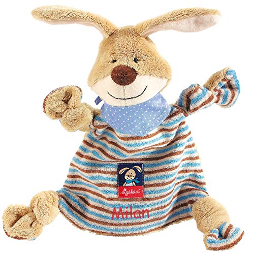 Sigikid Schnuffeltuch Hase mit Namen Bestickt, Baby & Kinder Schmusetuch personalisiert, Kuscheltuch Geschenkidee Junge/Mädchen, Semmel Bunny, Braun/Blau, 47893 von Sigikid bestickt by LALALO