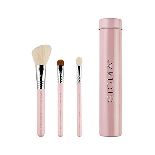 Sigma Beauty Travel Essential Trio – Make-up Pinsel Set für Foundation, Puder, Lidschatten – 3 Pinsel mit Aufbewahrungsdose – Hautfreundliche, vegane Make-up Pinsel für Reisen – Hellrosa von Sigma Beauty