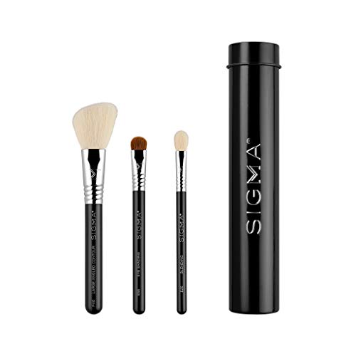 Sigma Beauty Travel Essential Trio – Make-up Pinsel Set für Foundation, Puder, Lidschatten – 3 Pinsel mit Aufbewahrungsdose – Hautfreundliche, vegane Make-up Pinsel für Reisen – Schwarz von Sigma Beauty