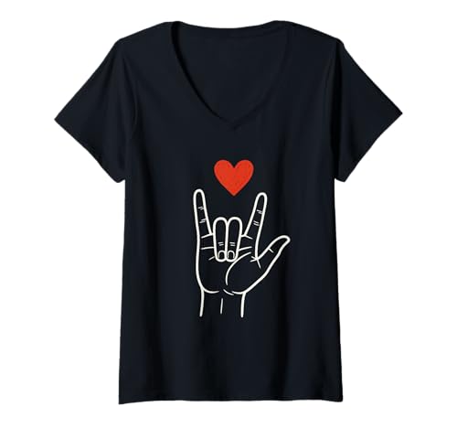 Damen ASL Love Hand Sign Heart Minimalist Valentine Deaf Community T-Shirt mit V-Ausschnitt Damen ASL Love Hand Sign Heart Minimalist Valentine Deaf Community T-Shirt mit V-Ausschnitt von Sign Language I Love You Heart Symbol ASL