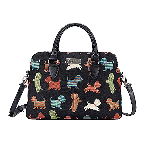 Signare Gobelin-Handtasche mit drei Fächern für Frauen, Handtaschen und Schultertasche für Frauen, Umhängetasche für Frauen mit Hunde-Design (verspielter Welpe, Tri-PUPPY) von Signare