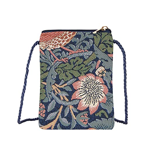 Signare Tapestry Mini Crossbody Handytasche Damen Geldbörse für Handy, Handytasche, Handytasche, Smartphone Tasche im Erdbeerdieb-Blau Design (SMART-STBL), Strawberry Thief blau, Einheitsgröße von Signare