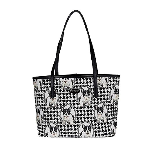 Signare Tapisserie Damen Henkeltasche mit Henkel Französische Bulldogge Französische Bulldogge mit Black & White Dogtooth Check (COLL-FREN) von Signare