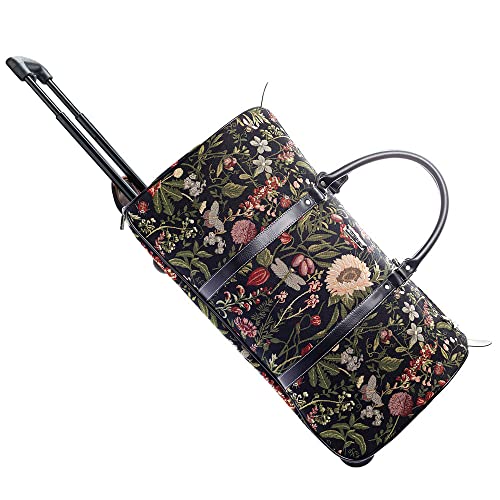 Signare Gobelin-Reisetasche, Übernachtungstasche, Wochenendtasche mit Rad für Damen, mit Gartenblumen und Kreaturen, Morning Garden Schwarz, international-carry-on, Pull Holdall von Signare