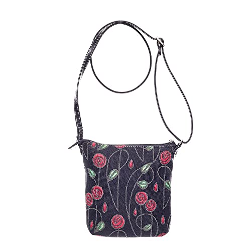 Signare Wandteppich, kleine Umhängetasche, Schultertasche für Damen mit Vintage-Designs (Mackintosh Simple Rose Black, SLING-RMSPBK), Schlichtes Rosen-Schwarz, One Size von Signare