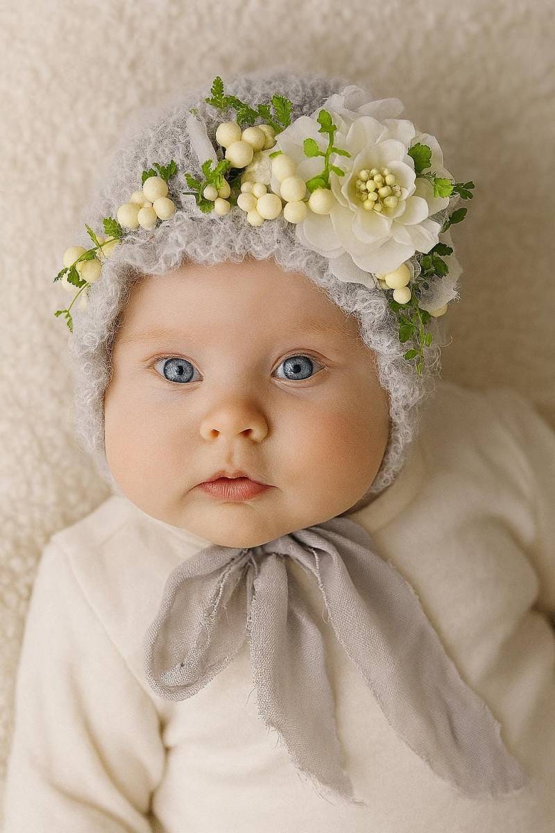 Floral Gestrickte Mütze Für Neugeborene Mohair-Mischung, Fotorequisite von SignatureSimone