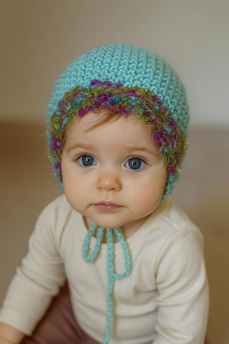 Handgestrickte Mütze 6-9 Monate Türkis-Blau Mit Bunter Borte von SignatureSimone