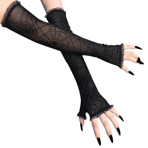 Damen Handschuhe mit Spinnennetz,Halloween Spinnennetz Spitze Fingerlose Handschuhe,Lange Handschuhe für Cosplay Goth Kostüm von Sihaby
