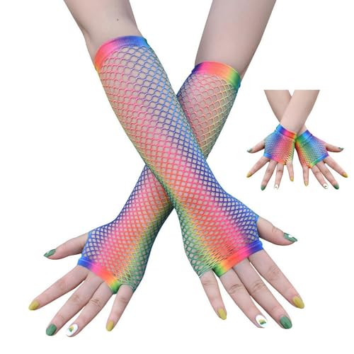 Sihaby 2 Paar Regenbogen Netzhandschuhe,Fingerlose 80er Party Handschuhe kurz und lang aus Netz,Neon Halloween Kostüm Handschuhe für Frauen und Mädchen von Sihaby