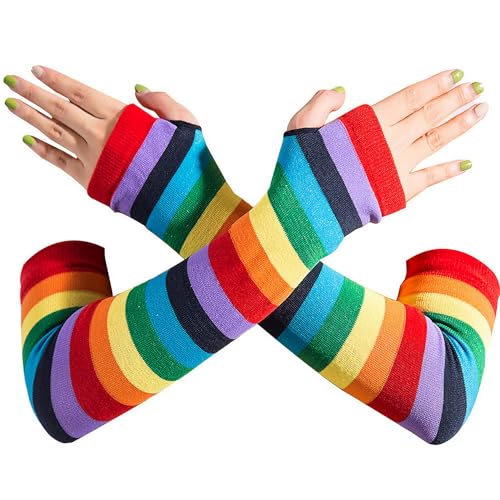 Sihaby Damen Armstulpen,Lange Bunte Streifen Handschuhe,Gestrickte Fingerlose Handschuhe,Mode Handschuhe für Halloween Cosplay Punk Gothic Rock Kostüm Zubehör von Sihaby