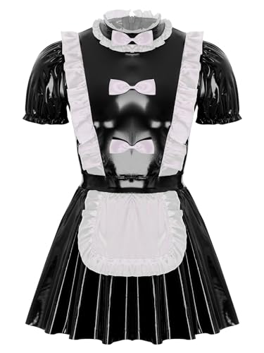 SiiRoh Männer Sissy French Maid Cosplay Uniform Cross Dresser Glänzend Lackleder Schleife Minikleid Schwarz XXL von SiiRoh