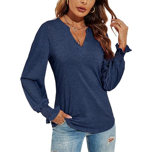 Siikarte Damen Langarm-Top, V-Ausschnitt, weiches Tunika-T-Shirt mit Rüschenbündchen, S-XXL, A-Blau, 42 von Siikarte