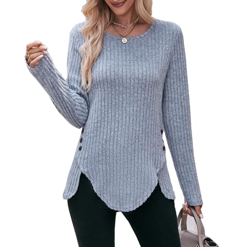 Siikarte Damen Langarm-Top mit Knöpfen vorne, geteilte Tunika, leichter Pullover, S-XXL, A-light blue, X-Large von Siikarte