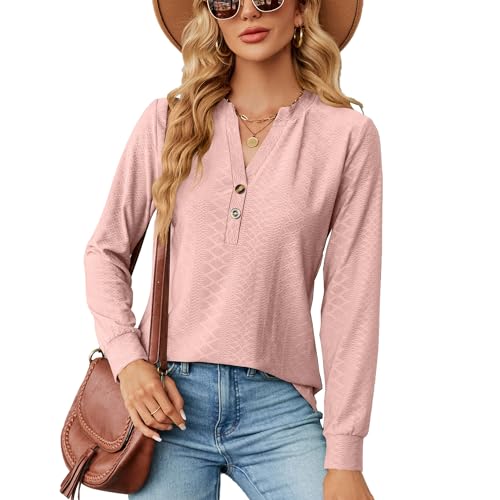 Siikarte Damen Langarm-Top mit V-Ausschnitt, lässiges Tunika-T-Shirt, S-XXL, rose, XXL von Siikarte