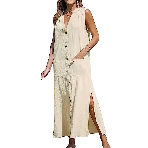 Siikarte Damen Leinenkleid Soft Shift Maxi Kleid mit Tasche, S-XXL, beige, Medium von Siikarte