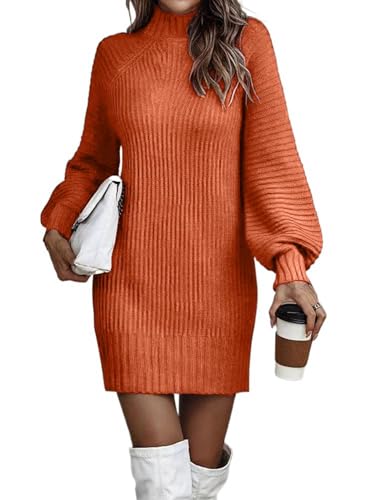 Siikarte Damen Strickkleid Stehkragen Langarm Mini Pullover Kleider, S-XXL, Orange, Medium von Siikarte