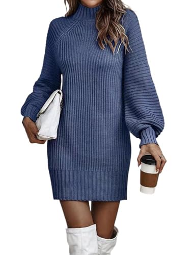 Siikarte Damen Strickkleid Stehkragen Langarm Mini Pullover Kleider, S-XXL, blau, L von Siikarte