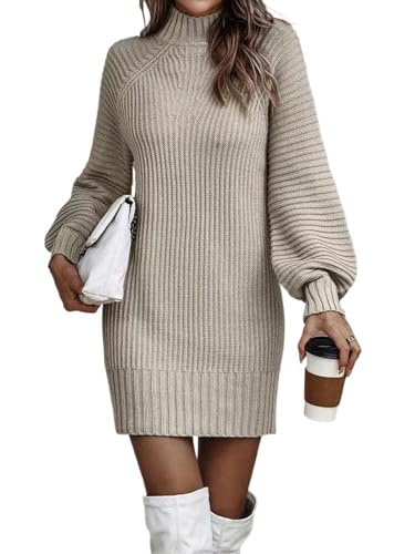 Siikarte Damen Strickkleid Stehkragen Langarm Mini Pullover Kleider, S-XXL, khaki, L von Siikarte