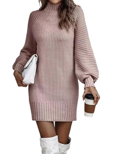 Siikarte Damen Strickkleid Stehkragen Langarm Mini Pullover Kleider, S-XXL, rose, Medium von Siikarte