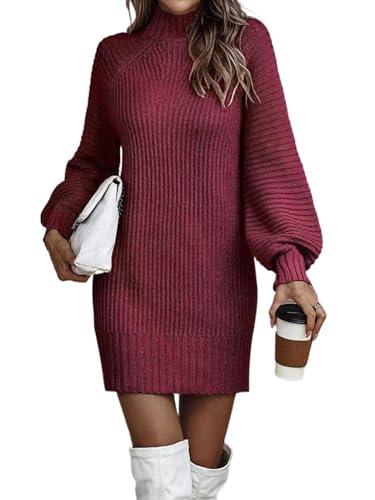 Siikarte Damen Strickkleid Stehkragen Langarm Mini Pullover Kleider, S-XXL, rot, X-Large von Siikarte