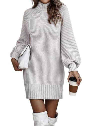 Siikarte Damen Strickkleid Stehkragen Langarm Mini Pullover Kleider, S-XXL, weiß, X-Large von Siikarte
